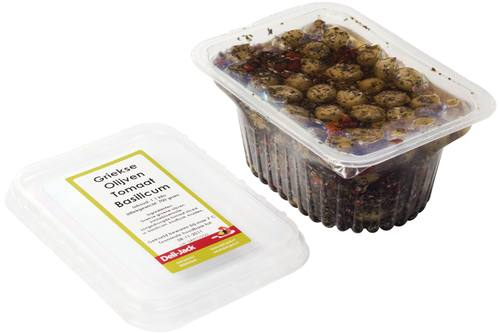 Groene olijven met tomaten en basilicum 1.1 kilo