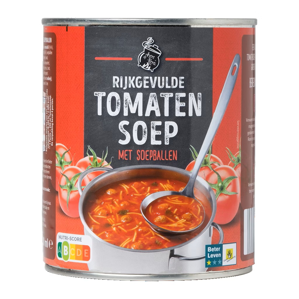 Hete ketel rijk gevulde tomatensoep blik 800 ml