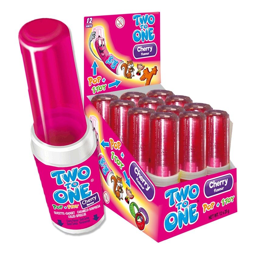 Two to one lollie + speeltje kers rood 12 stuks