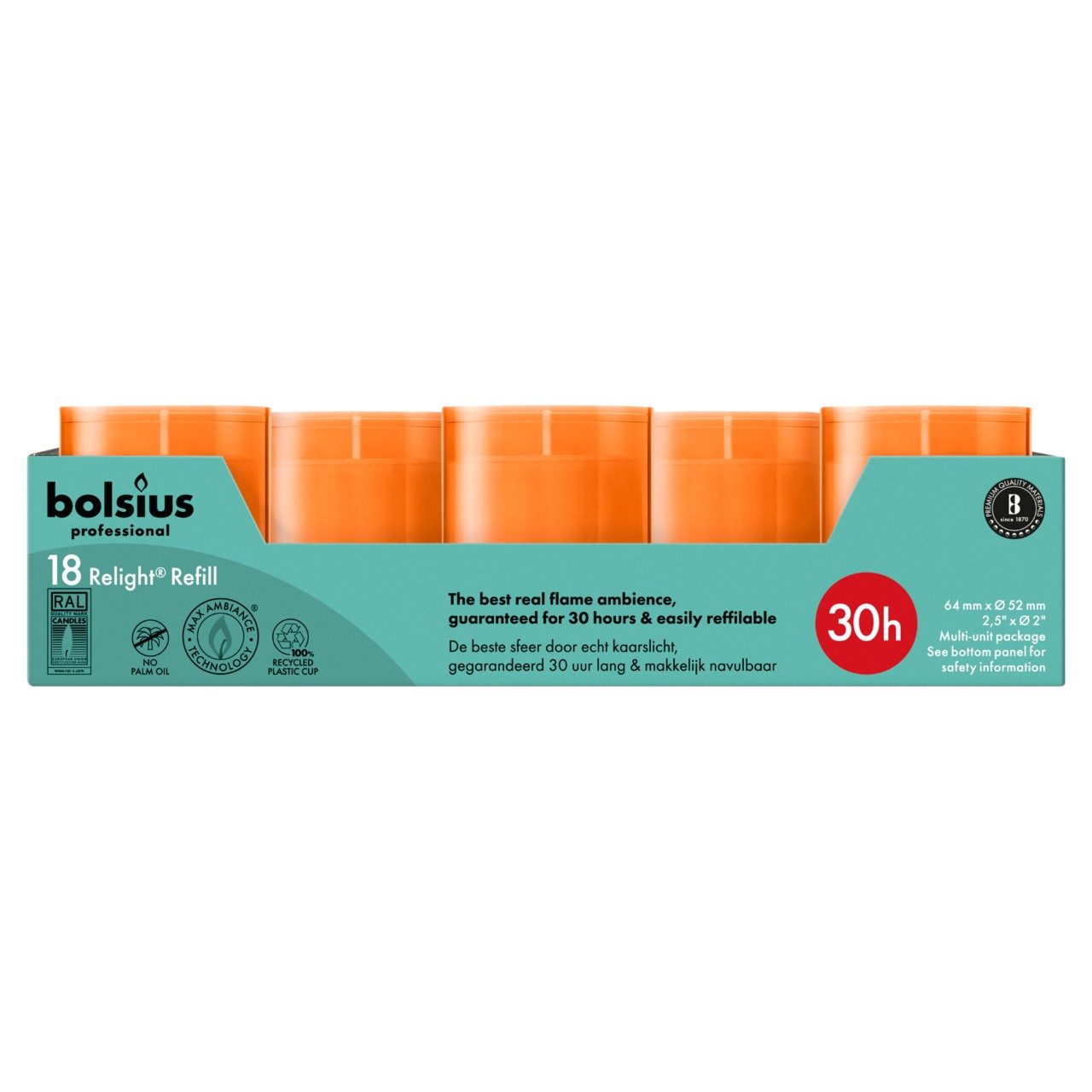 Bolsius cube kaars 64mm x 52mm oranje tray 18 stuks